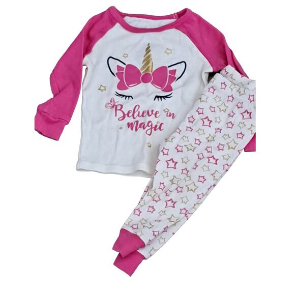 2 FOR $5 SALE  Girl's Pink And White Unicorn And Stars Pajama Set Size 12 Months - Picture 1 of 9